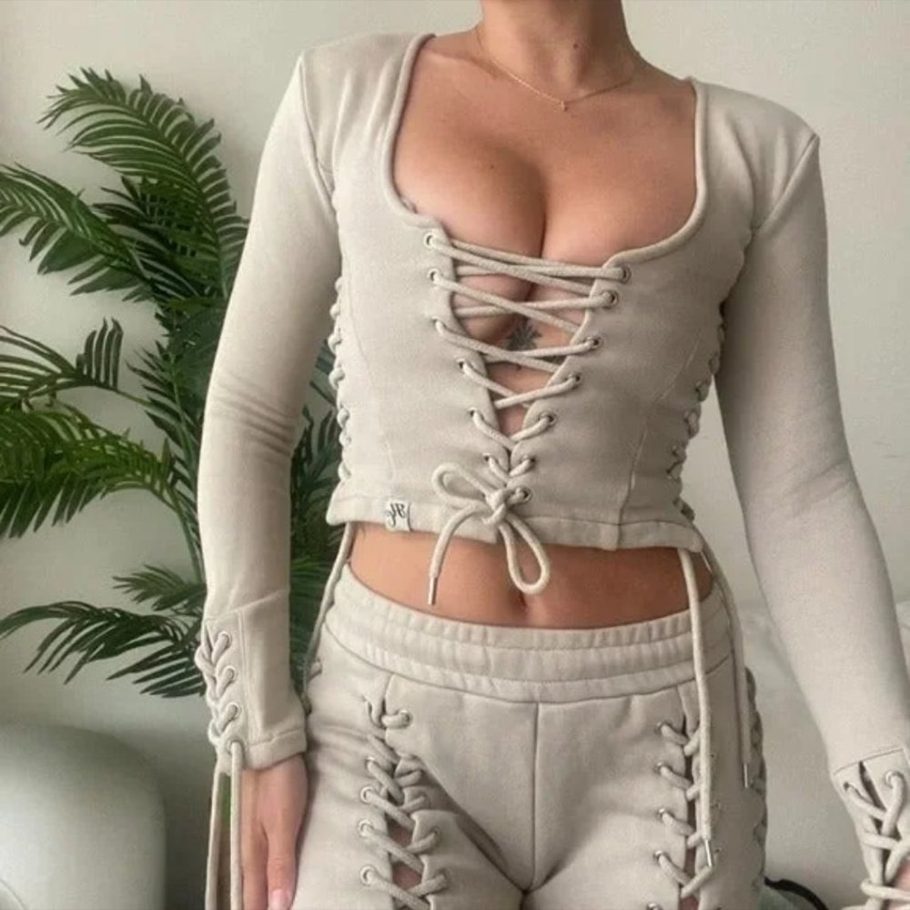 HIDDEN CULT Wynn Laced Up Taupe Long Sleeve - Large